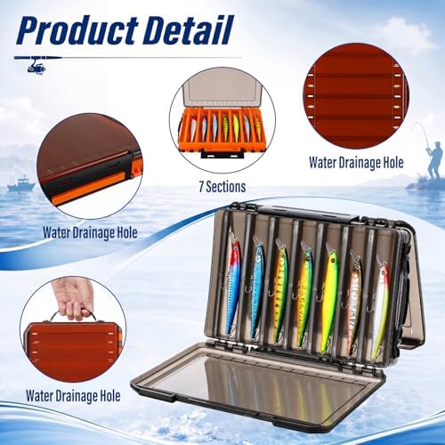 2 Pack Double Sided Fishing Lure Boxes 14 Compartments Waterproof Fishing Tackle Box Organizer with Handle, Portable Clear Hard Bait Storage Case for Jerkbait, Minnows & Hooks(Orange, Gray) - Image 3