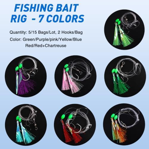 Fishing Bait Rigs Saltwater, 5/15packs Flounder Hi-Lo Rigs with Flash Teasers, 2 Hook Bottom Fishing Rigs Double Drop Surf Fishing Leaders for Flounder Sea Bass Halibut Black Fish Fishing - Image 5