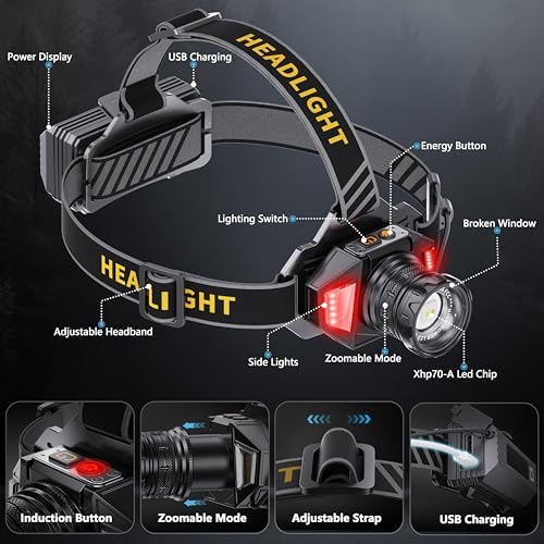 LED Headlamp Rechargeable, 99000 Super Bright White/Red/Warm Light Head Lamp with Motion Sensor & 95H Runtime & IPX7 Waterproof,90° Adjustable Headlight for Outdoor, Hard Hat - Image 4