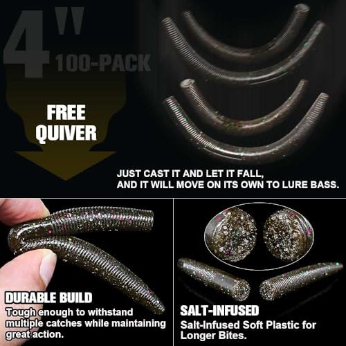 Wacky Worms Soft Plastic for Bass Fishing Lures–100 Pack 4" & 5" Stick Baits Wacky, Texas, Neko & Drop Shot Rigs–Bulk Soft Lure - Image 3