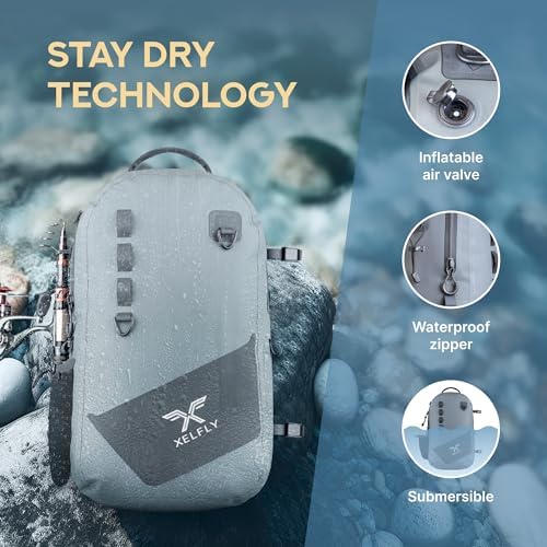 Xelfly - Waterproof Fishing Backpack with Rod Holder, Inflatable Air Valve, Padded Waist Straps & Gear Loops - Submersible Zipper, Rugged Top Handle, Adjustable Attachments (Blue) - Image 2