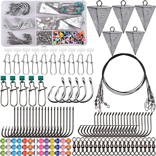 Surf Fishing Tackle Kit, 130pcs Saltwater Surf Fishing Rigs Fish Finder Rig Live Bait Rigs Include Fishing Leaders Pyramid Sinker Weight Sinker Slider Fishing Hooks Swivels Surf Fishing Accessories by AGOOL