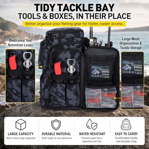 PLUSINNO Fishing Tackle Backpack with Rod Holders，42L Water-resistant Fishing Bag Store Fishing Gear, Fisher Gifts For Men. - Image 4