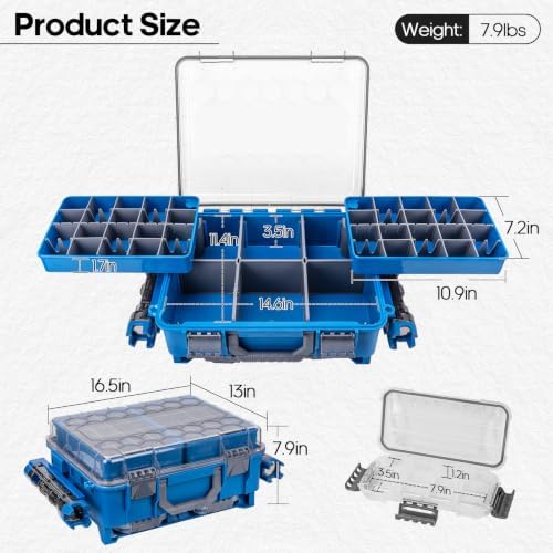 THKFISH Waterproof Double Side Tackle Box, Portable Storage Box with 2 Pack 3500 Stowaway Boxes & Rod Holders, Fishing Lure Organizer YellowPink/Green/Blue/Grey (L-Blue) - Image 7