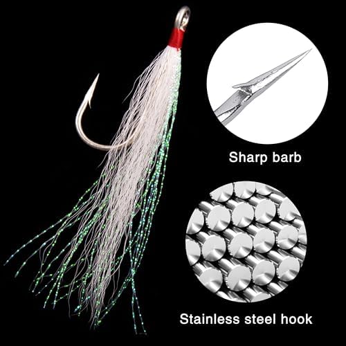 Bucktail Teasers Fishing Hooks Saltwater Flounder Rig Bucktail Mylar Teasers Inserted Stainless Steel Fishing Teaser Hooks for Striped Bass Trout Catfish Cod Flounder Hi/Lo Rig Jigs Spoons Lures - Image 3