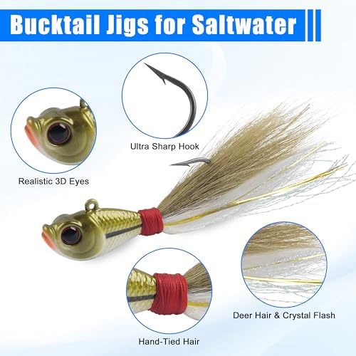 Bucktail Jigs Saltwater Fishing Lures Surf Bucktail Hair Fishing Jigs Swimbait Jig Heads for Freshwater Saltwater Bass Flounder Striper Bluefish Halibut Redfish - Image 2