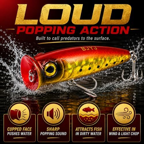 Topwater Popper Fishing Lure, 4in 0.81oz ABS Floating Saltwater Bait with BKK 3X #4 Treble Hooks, Foil-Stamped Finish for Inshore Striped Bass Redfish Snook Tarpon - Image 2