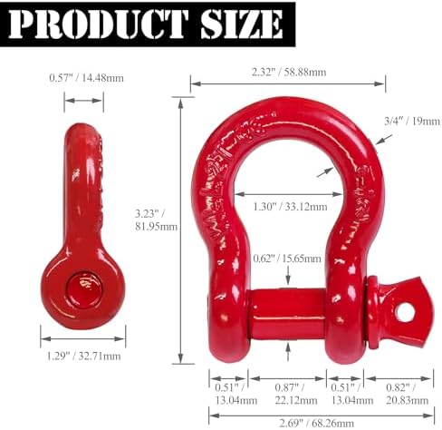 1/2" D Ring Shackle with 5/8" Screw Pin, 2T Working Load Limit (WLL) / 12T (26,455 lb) Minimum Breaking Strength (MBS) for Tow Strap Winch, Off-Road Vehicle Recovery (Red, 4 Pack) - Image 4