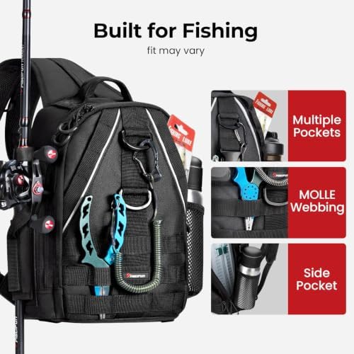 Piscifun Fishing Backpack, Rod Holders, Lightweight Sling Bag, Black Large - Image 4