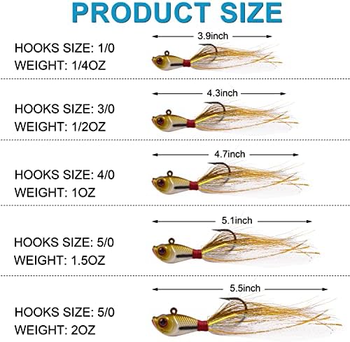 Bucktail Jigs Saltwater Hair Jig Lures, 5pcs Bucktail Jigs Fishing Lures Surf Fishing Jig Head Swimbait Jig Hook for Bass Flounder Striper 1/4oz 1/2oz 1oz 1.5oz - Image 3