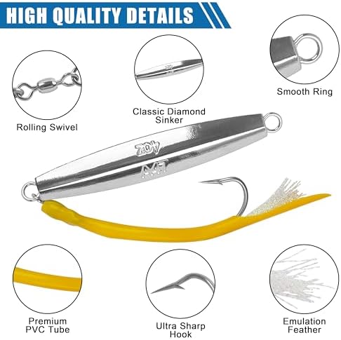 Diamond Jigs Saltwater Fishing Lures,Casting Jigging Spoon with Split Tube Tail Stainless Steel Hook Metal Jig Spoon Baits for Deep Sea Offshore Surf Fishing Bottom Sinking - Image 3