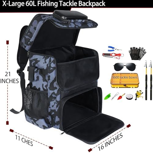 Fishing Backpack with Rod Holder X-Large 60L Tackle Gears Bag with Cooler for Storage Tackle Box and Fishing Accessories Stuff, Fish Gifts for Men Woman-Black Camo - Image 2