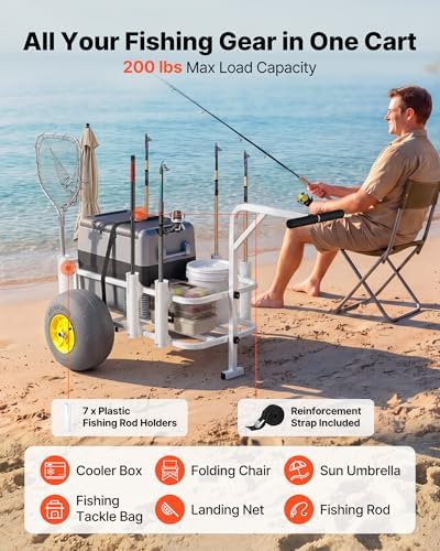 VEVOR Beach Fishing Cart, 200 lbs Load Capacity, Foldable Fishing Cart with Heavy-Duty Carbon Steel Frame, 13-Inch All-Terrain PU Balloon Tires, 7 Rod Holders, for Outdoor Activities Camping Picnic - Image 3