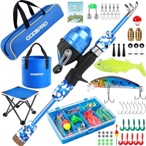ODDSPRO Kids Fishing Pole - Portable Kids Fishing Rod and Reel Combo, Kids Fishing Gear with Tackle Box, Spincast Reel, Collapsible Chair and Bucket, Fishing Pole for Kids Boys Girls Toddler Youth 3+ by ODDSPRO