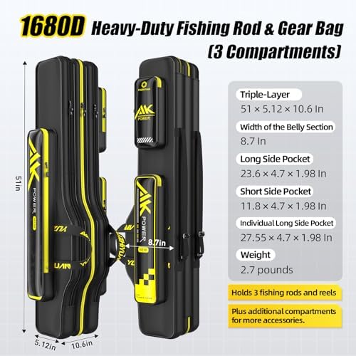 3 Layers Fishing Pole Bag, Fishing Rod Case, 1680D Heavyweight Oxford Wire-Reinforced Non-Deforming Frame Quick-Access Compartments Anti-Sag Structure Fishing Rod Bag Fishing Gift for Men - Image 2