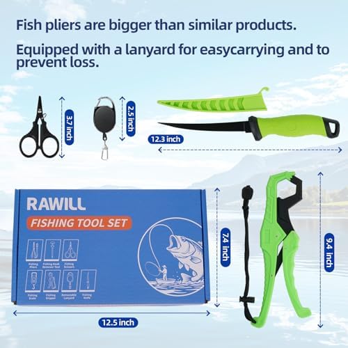 RAWILL Fishing Kit,Filleting Knife,Hook Remover,Fish Grip, Line Cutter,Fishing Scale, Pliers with Lanyards,Not Include Batteries - Image 2