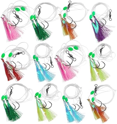 Fishing Bait Rigs Saltwater,6/12packs Flounder Rigs with Mono Leaders Swivels Hooks Beads and Fish Skin for Flounder Sea Bass Halibut Black Pompano Fishing by JOGFFDE