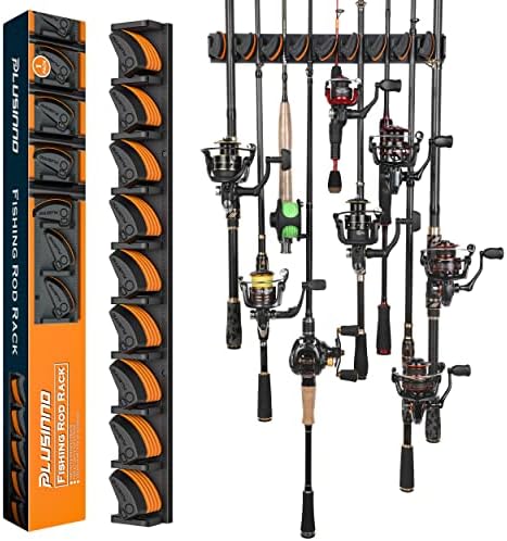 PLUSINNO V9 Vertical Fishing Rod Holders, Wall Mounted Fishing Pole Holders, Fishing Rod Rack Holds Up to 9 Rods or Combos, Fishing Rod Holders for Garage,Fishing Gear and fishing Gifts for Men by PLUSINNO