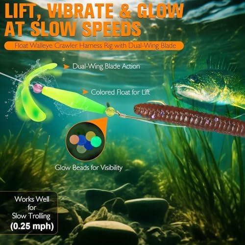 Dovesun Crawler Harness Walleye Rigs with Dual-Wing Blade, Float Walleye Spinner Rig for Slow Trolling (0.25 mph), Fluorocarbon Worm Harness, 2 Hook Walleye Fishing Rigs, 7 Pack - Image 2