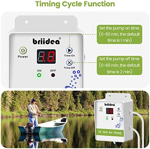 Aerator for Bait Bucket, Briidea 12 Volt Livewell Aerator Pump System with Timing Cycle Function, Dual Outlet, Designed for Use in Fresh and Salt Water to Keep Your Bait Fish Alive - Image 4