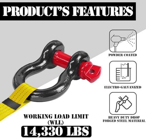 7/8" D Ring Shackle with 1" Screw Pin, 6.5T Working Load Limit (WLL) / 39T (85,980 lb) Minimum Breaking Strength (MBS) for Tow Strap Winch, Off-Road Vehicle Recovery (Black/Red, 2 Pack) - Image 2