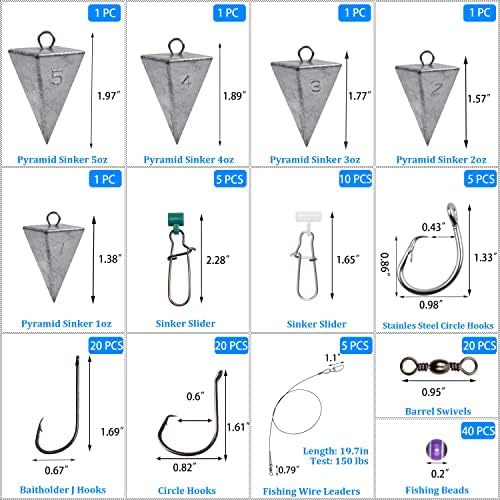 Surf Fishing Tackle Kit, 130pcs Saltwater Surf Fishing Rigs Fish Finder Rig Live Bait Rigs Include Fishing Leaders Pyramid Sinker Weight Sinker Slider Fishing Hooks Swivels Surf Fishing Accessories - Image 2