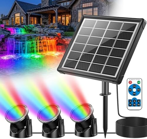 POPOSOAP Solar Pond Lights with RGB Multi-Color, 3W Underwater Solar Lights with Timer & Memory Function for Pond, Fountain, Pool, Garden, Aquarium(3 Headlamp)-P63WC by POPOSOAP