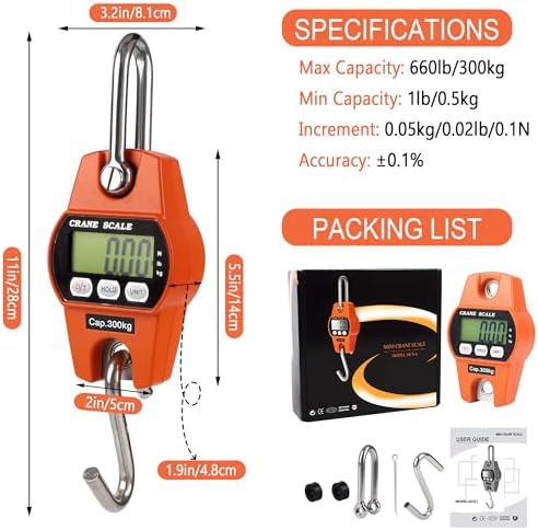 880lb/400kg Digital Crane Scale - Compact LCD Handheld Hanging Scale for Garage, Farm, Hunting, Fishing & More(400kg/Aluminium Alloy/Orange) - Image 5