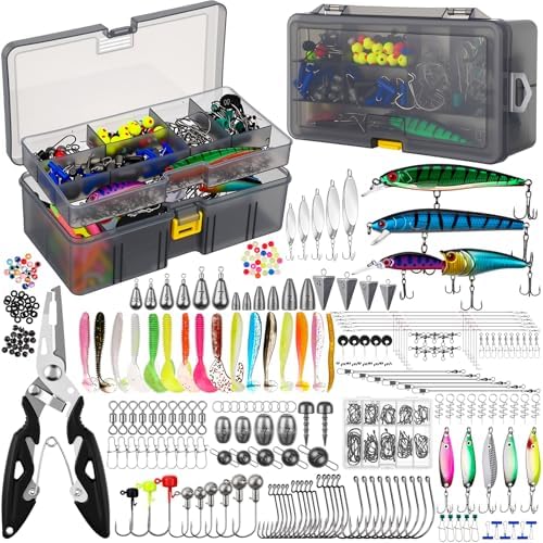 Fishing Lures Kit with Tackle Box, Pliers, Fish Gripper, Saltwater Freshwater Gear Set for Bass Trout, Hooks Weights Bobbers Rigs Leaders by Unknown