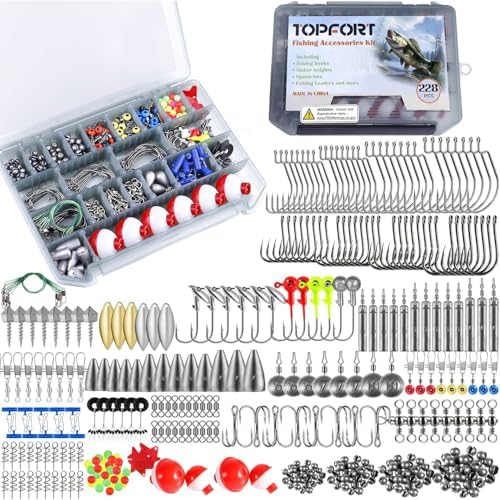 TOPFORT 187/343pcs Fishing Accessories Kit, Organized Fishing Tackle Box with Tackle Included, Fishing Hooks, Fishing Weights Sinkers, Fishing Gear and Equipment, Fishing Gift for Men by TOPFORT