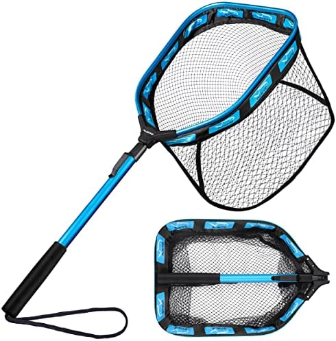 PLUSINNO Floating Fishing Net for Steelhead, Salmon, Fly, Kayak, Catfish, Bass, Trout Fishing, Rubber Coated Foldable Landing Net with Fixed or Telescoping Pole Handle, Fishing Gear and Gifts for Men by PLUSINNO