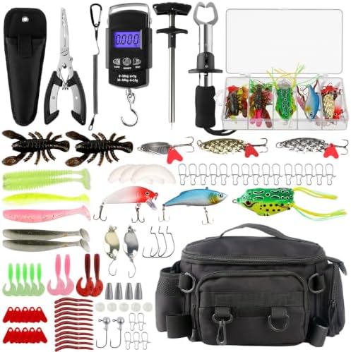 mouhike 113Pcs Fishing Tool Kit, Fishing Bag, Fishing Pliers Hook Remover, Fish Lip Gripper, Fishing Lures Hook Tackle Box, Handheld Digital Scale, Ice Fly Fishing Gear Accessories Set Fishermen Gift by mouhike