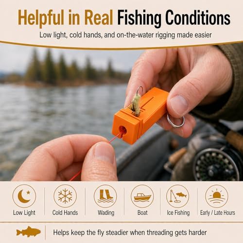 Fly Fishing accessories- Magnetic Fly Threader Bright Orange, 4-Slot Precision Threading Tool for Fly and Ice Fishing, Lightweight Plastic Hook Threader with Keychain for Wading Low Light Cold Hands - Image 4