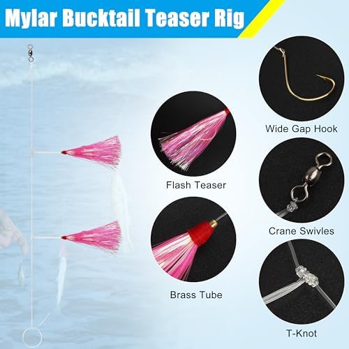 Fishing Teaser Rigs Saltwater, 3/6 Pack Flounder Rigs Hand Tied Sea Bass Hi Lo Rig Fishing Bait Rigs Multicolor Mylar Bucktail Teasers Rig for Flounder Fluke Halibut Sea Bass - Image 2