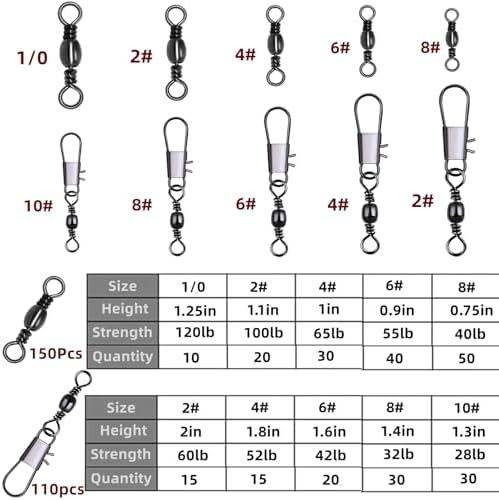 260Pcs/Box with Stainless Steel Fishing Barrel Swivels 150Pcs /Barrel Swivels with Snaps 110Pcs Mix,High Strength Connector for Quick Change Fishing Lure or Line Tackle Saltwater Freshwater - Image 3
