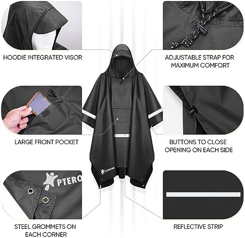 PTEROMY Hooded Rain Poncho for Adults, Reusable Waterproof Raincoat - Image 6