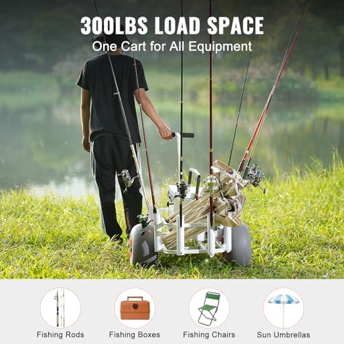 VEVOR Beach Fishing Cart, 300 lbs Load Capacity, Fish and Marine Cart with Two 13" Big Wheels PU Balloon Tires for Sand, Heavy-Duty Aluminum Pier Wagon Trolley with 8 Rod Holders for Fishing, Picnic - Image 4
