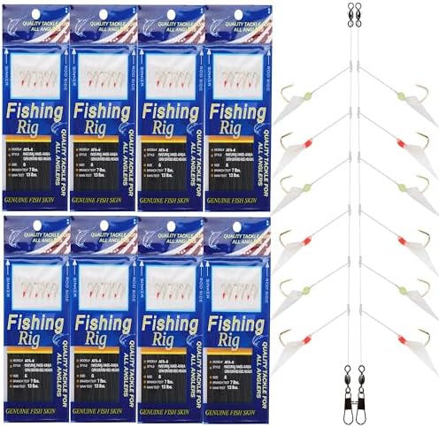 Fishing Bait Rigs Saltwater Surf Fishing Lures Bait Rig with Real Fish Skin Glow Beads Sharp Hooks Swivels Surf Fishing Rigs Sea Bass Cod Herring Hook Rig Size 4 6 8 by JOGFFDE