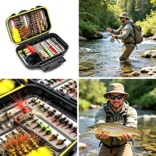 Fly Fishing Flies Assortment Kit Dry Wet Nyphms Tenkara Popper Streamer Woolly Bugger for Trout Bass Salmon Steelhead with Fly Box for Outside - Image 3