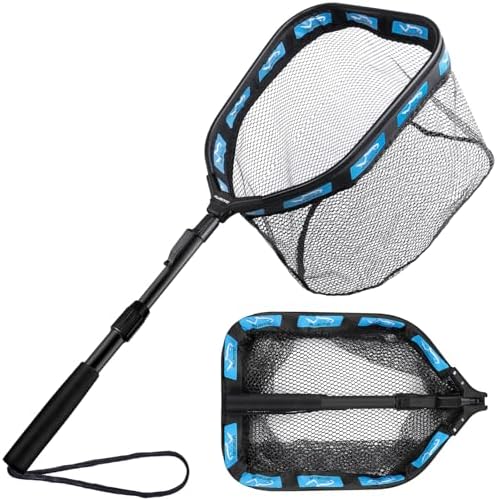 PLUSINNO Floating Fishing Net for Steelhead, Salmon, Fly, Kayak, Catfish, Bass, Trout Fishing, Rubber Coated Foldable Landing Net with Fixed or Telescoping Pole Handle, Fishing Gear and Gifts for Men by PLUSINNO