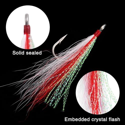 Bucktail Teasers Fishing Hooks Saltwater Flounder Rig Bucktail Mylar Teasers Inserted Stainless Steel Fishing Teaser Hooks for Striped Bass Trout Catfish Cod Flounder Hi/Lo Rig Jigs Spoons Lures - Image 4