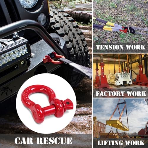 1/2" D Ring Shackle with 5/8" Screw Pin, 2T Working Load Limit (WLL) / 12T (26,455 lb) Minimum Breaking Strength (MBS) for Tow Strap Winch, Off-Road Vehicle Recovery (Red, 4 Pack) - Image 7