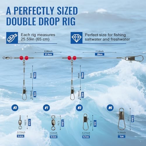 Narcissus Double Drop Saltwater Fishing Rig –2 Hook Bottom Rigs with Swivels & Snaps, Pre-Tied Surf Pier Boat Leader Line for Snapper, Bass, Mackerel, Catfish - Image 2