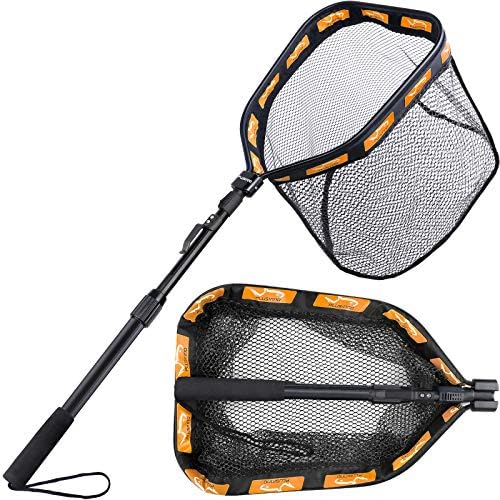 PLUSINNO Floating Fishing Net for Steelhead, Salmon, Fly, Kayak, Catfish, Bass, Trout Fishing, Rubber Coated Foldable Landing Net with Fixed or Telescoping Pole Handle, Fishing Gear and Gifts for Men by PLUSINNO