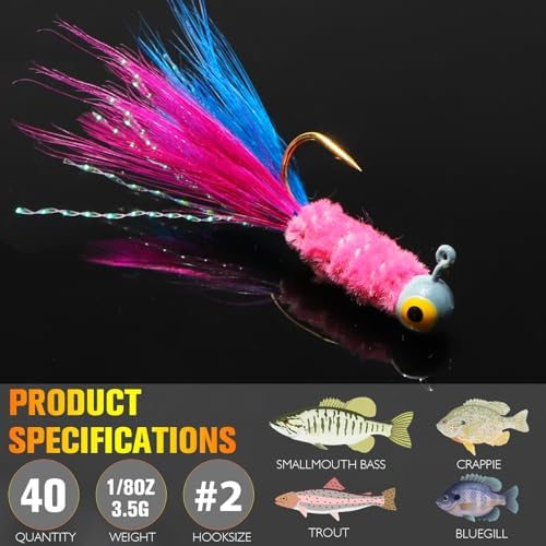 Dovesun Crappie Jigs, Jig Heads with Feather Hand-Tied Marabou Jigs Ice | Fly Fishing Lures 10 Colors 1/32oz 1/16oz 1/8oz Fishing Hair Jigs for Panfish Sunfish Walleye 20-40pcs - Image 6