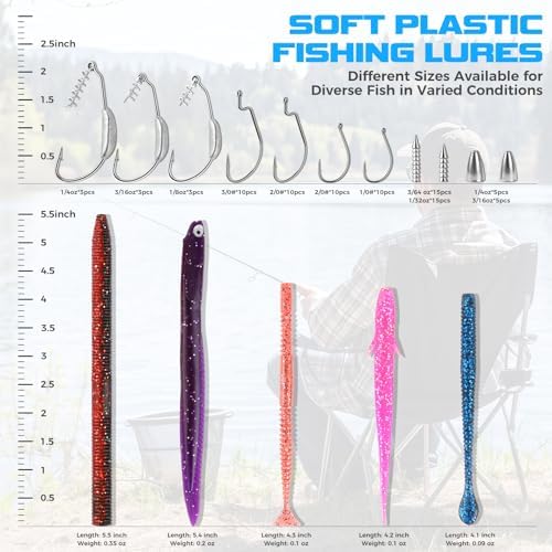 TOPFORT Fishing Lures, Bass Fishing Kit with Wacky Worm, Fishing Worms for Bass Fishing, Soft Plastic Baits with Hooks, Weights, Fishing Accessories, Fishing Gear Fishing Gifts for Men with Tackle Box - Image 5