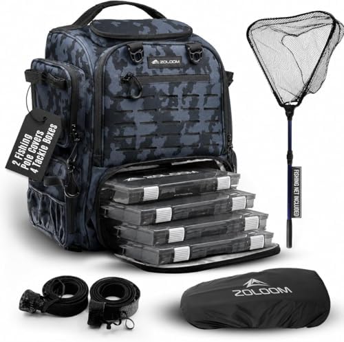Waterproof Fishing Backpack with Tackle Boxes, Rod Holder & Foldable Net - 40L Fishing Tackle Bag with Trays Included, Extra Storage Gear and Equipment, Rain Cover, Fisherman Gift for Men by ZMZALOOM