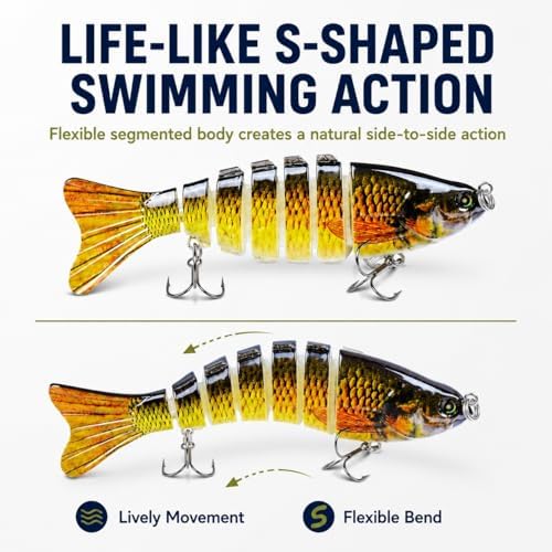 Rattling Fishing Lures 3 Pack, Multi-Jointed Swimbaits with Treble Hooks, Lifelike S-Swimming Hard Baits for Bass, Trout, Crappie & Perch - Image 3