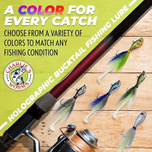 Charlie's Worms Dipper Holographic Bucktail Fishing Lure – Premium Hair Jig for Saltwater & Freshwater Fishing – 3D Holographic Eye, Glow in the Dark Paddle Tail, Hand Tied with Tinsel (3/8 oz - 8oz) - Image 3