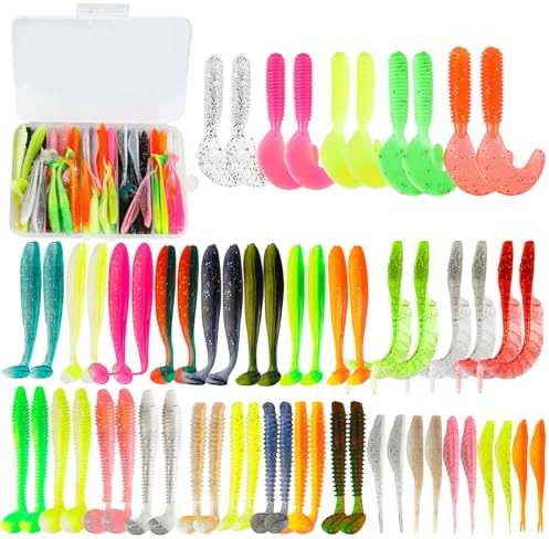 Soft Fishing Lures Set with Tackle Box, 6.5cm/8cm Paddle Tail Swimbaits, 60PCS Soft Plastic Baits with Curly Tails, Freshwater Fishing Lures for Bass, Trout, and More by WDJLMLP